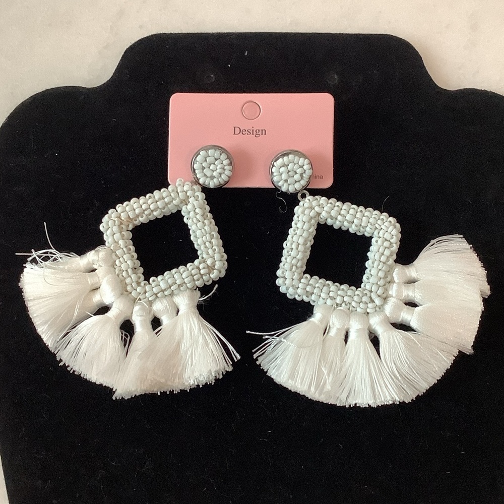 White Beaded Square Tassel Drop Earrings, Brand New